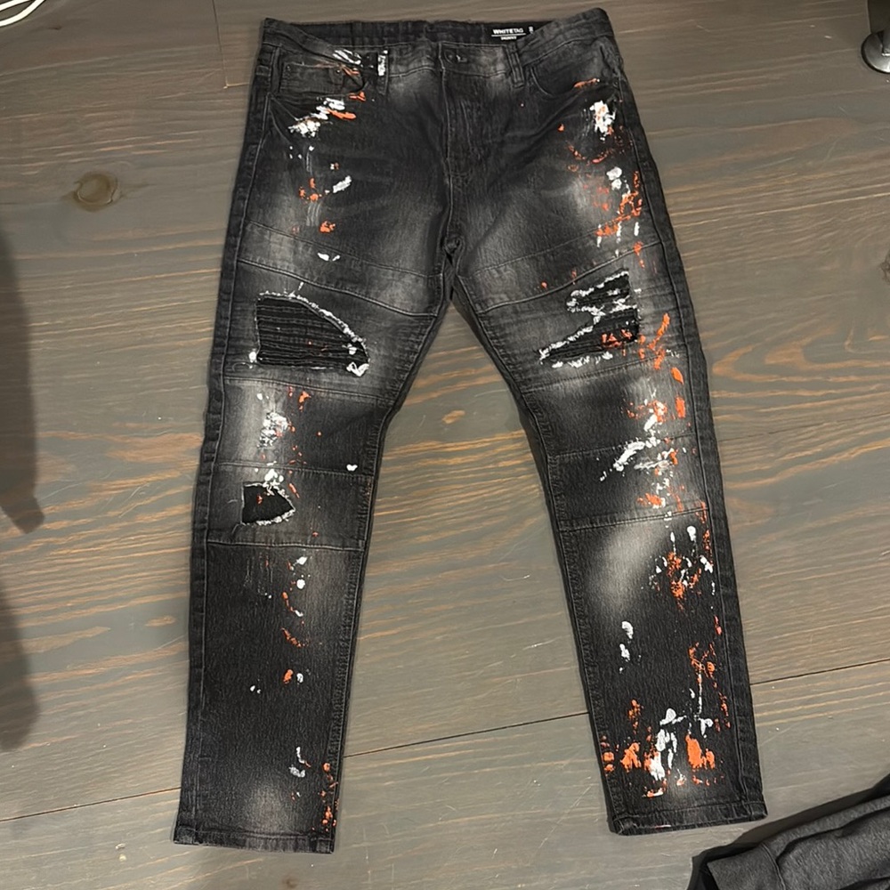Men's Black Distressed Jeans with Paint Splatter